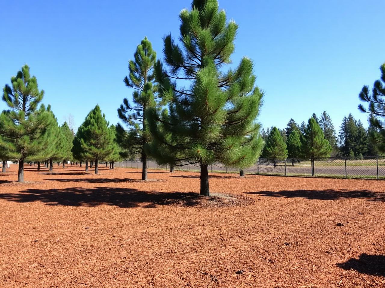The same lot cleared to open mulched ground with mature pines left standing